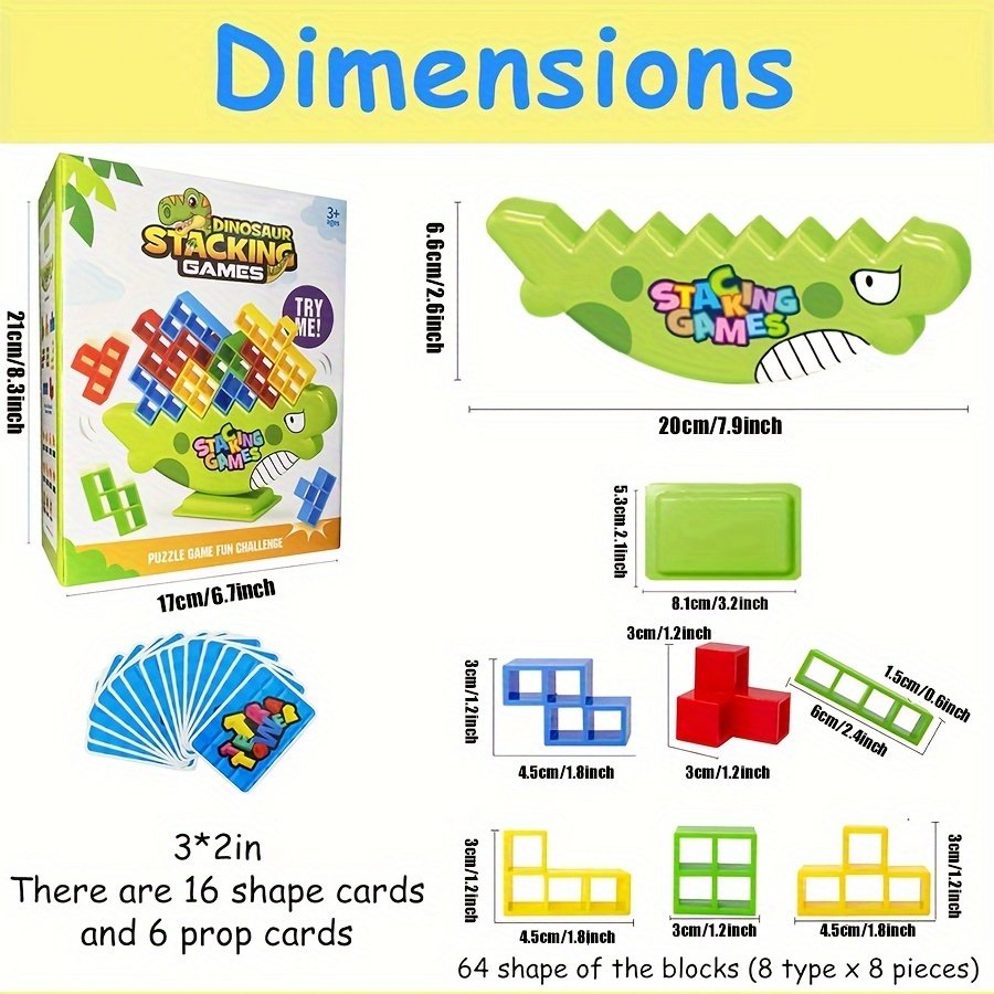 64-Piece Dinosaur Tetra Tower Balancing Game for 2+ Players