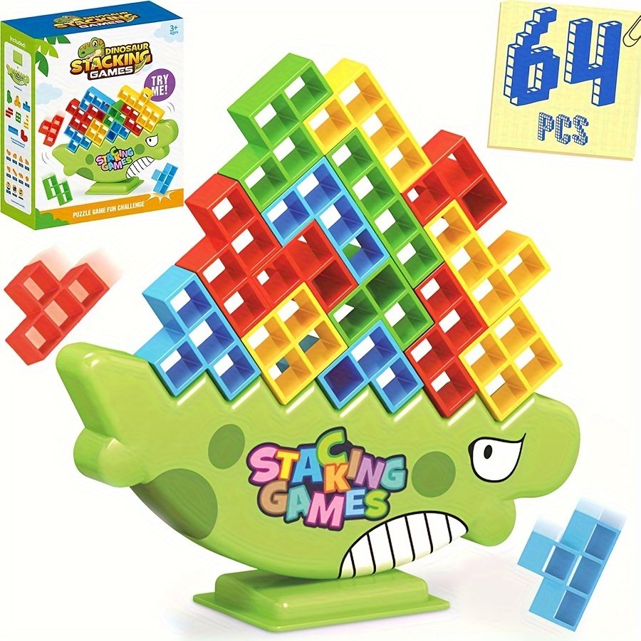 64-Piece Dinosaur Tetra Tower Balancing Game for 2+ Players