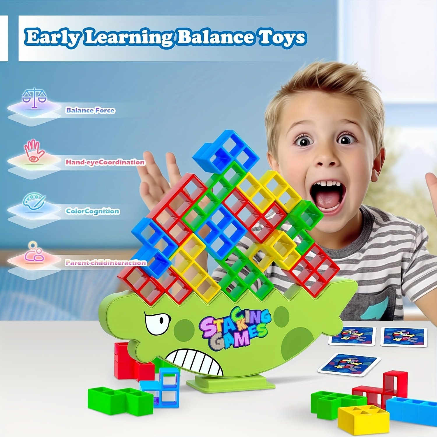64-Piece Dinosaur Tetra Tower Balancing Game for 2+ Players